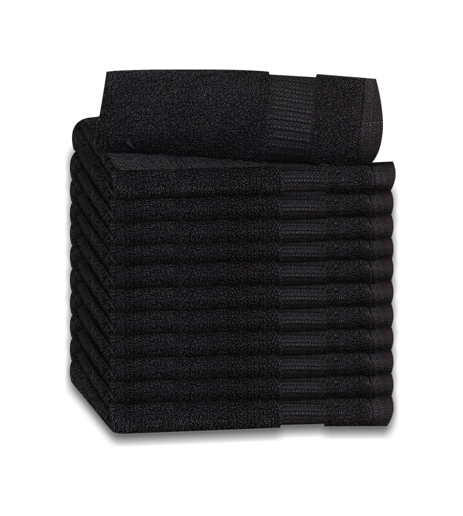 12 Premium Quality Washcloths (Black -13x13 inches ) 1.5 lb/dz - Maz Tex Supply